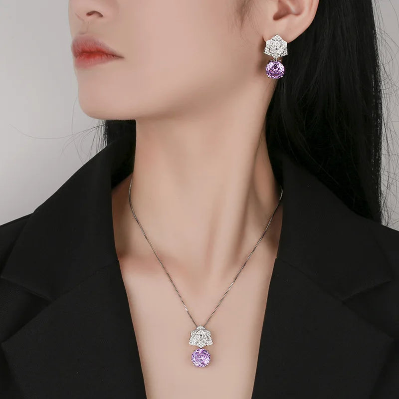Gemfiori High Quality Luxury Cut Roland Petal Pendant Necklace Sparkling Zircon Earrings Necklace Bridal Engagement Jewelry