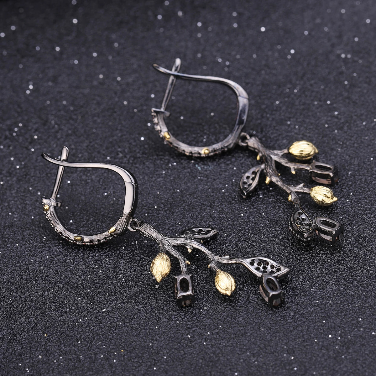 ArtistA Gold Plated Dainty 925 Silver Natural Gemstone Smoky Quartz Tree Leaf Branch Earrings Adjustable Two Finger Ring 2 Tone Set