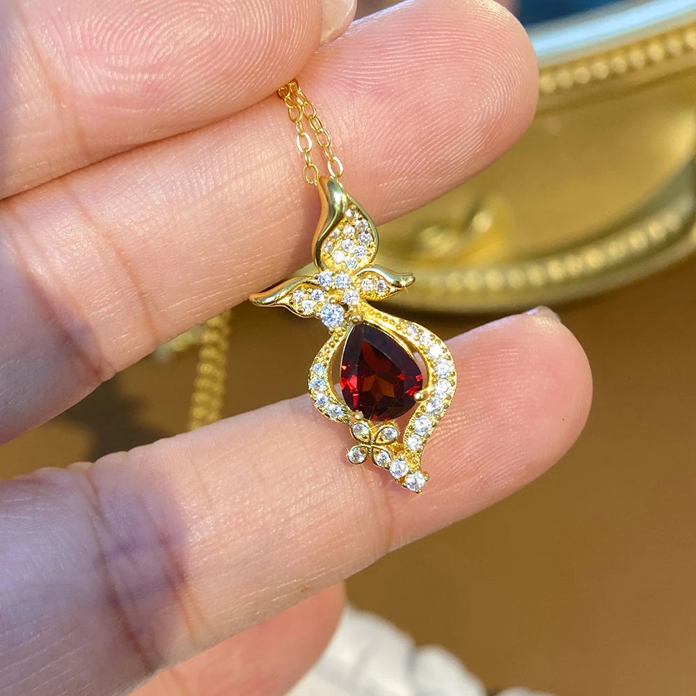 Gioiellieri Natural Garnet Pendant Necklace 925 Sterling Silver Rhodium/Gold Plated Luxury Trendy Women's Engagement Anniversary Party Gifts