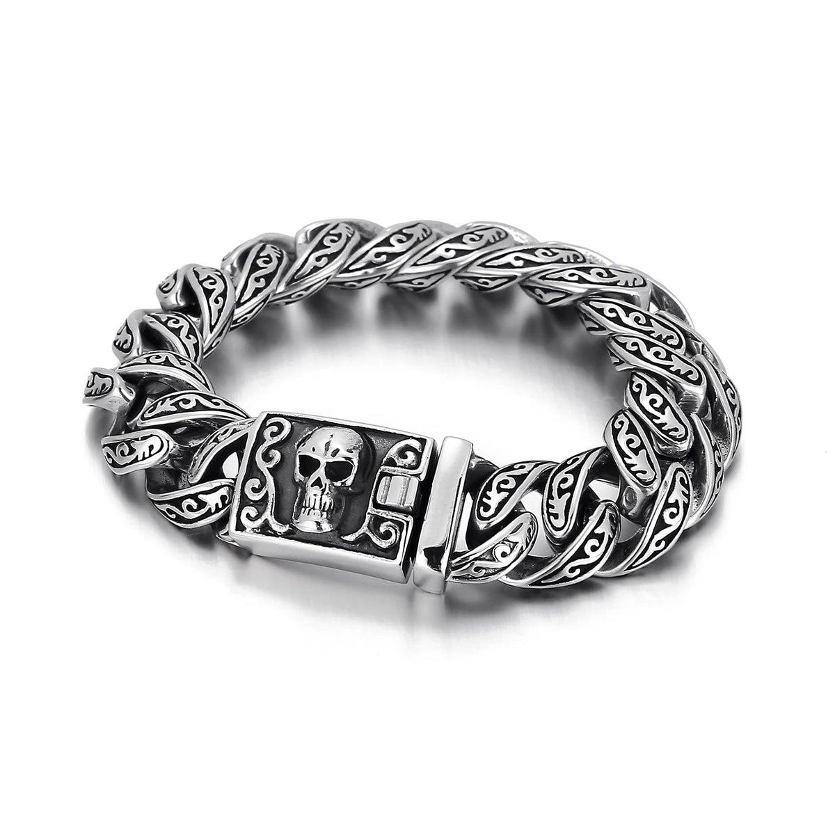 VIKING Mens Punk Totem Skull Pattern Stainless Steel Bracelet – Silver