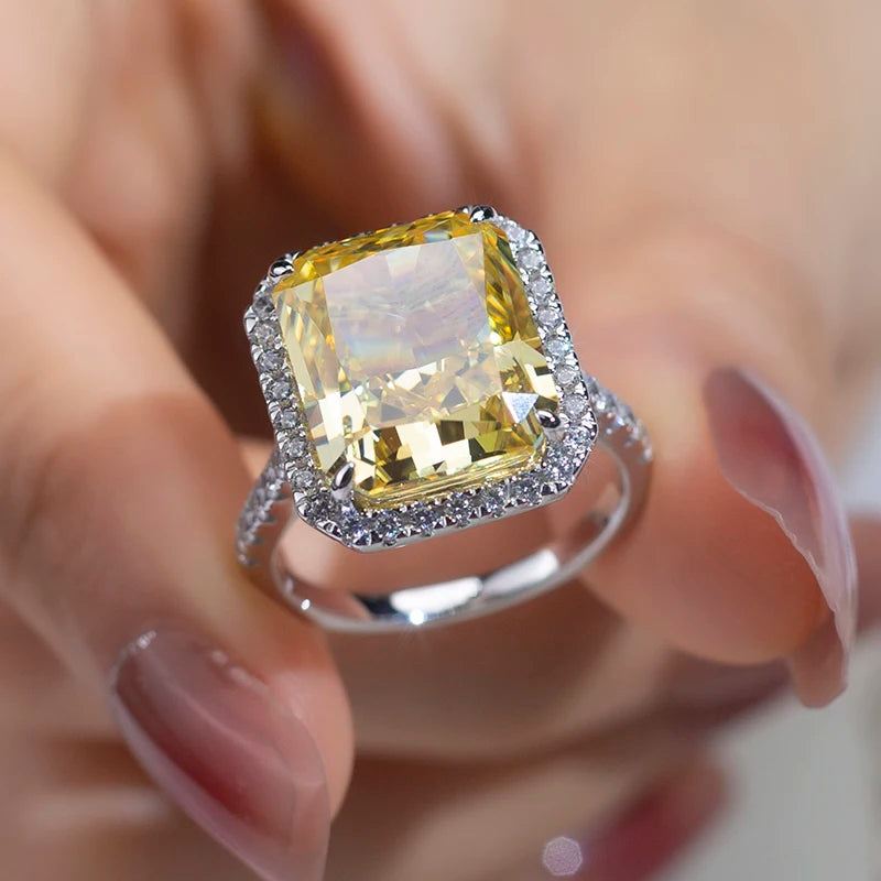 Messi Jewelry MSR-960 High Carbon Cubic Zircon Yellow Diamond Ring Jewelry S925 Radiant Cut Eternity  Engagement Wedding Ring