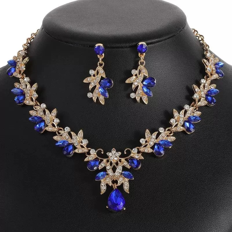 XM S391 Gold Plated Marquise Zircon Rhinestone Floral Necklace & Earrings Bridal Set