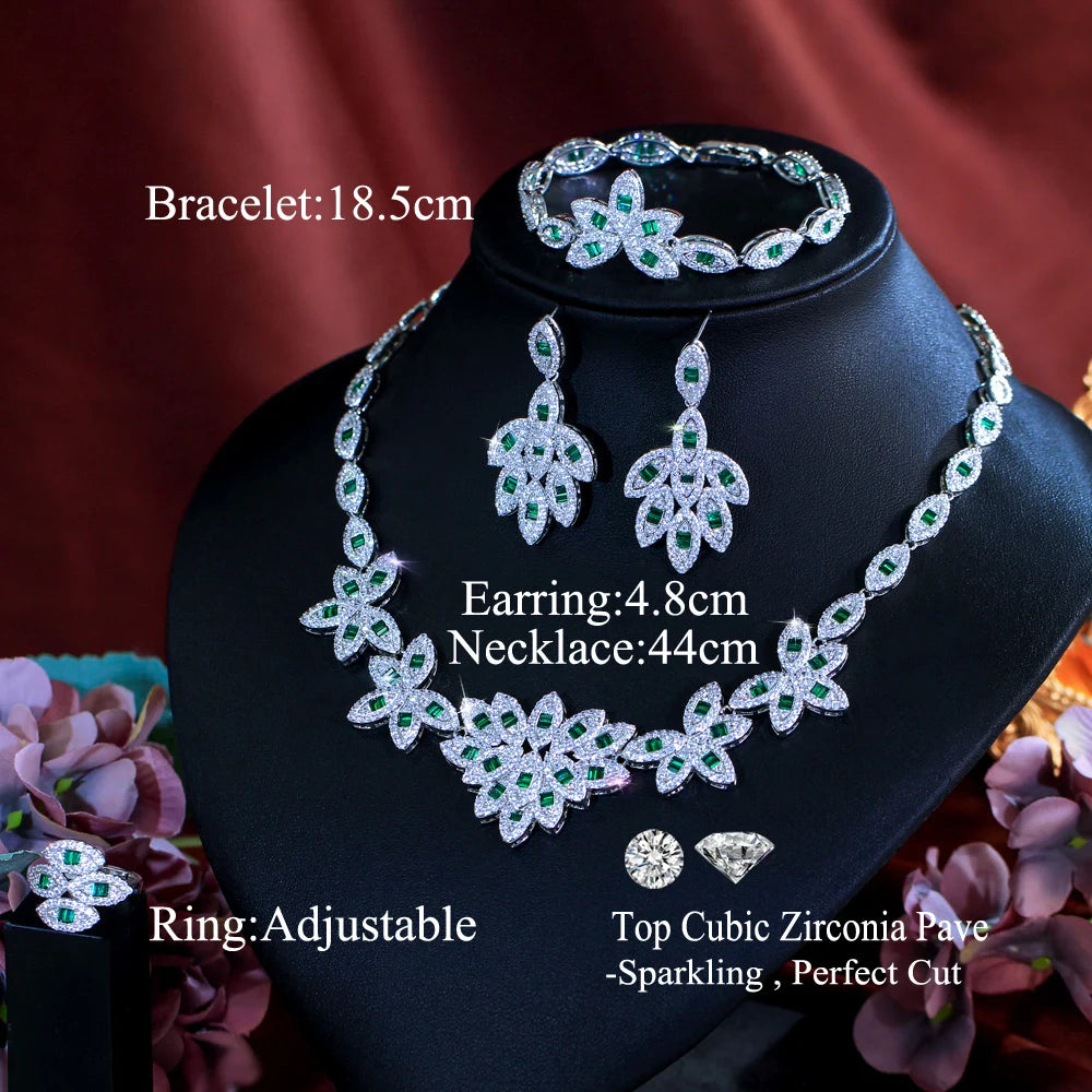 Elegant 4pcs Leaf Shape Cubic Zirconia Stone Bridal Luxury Green Jewelry Set for Women Party Engagement Dress Accessories