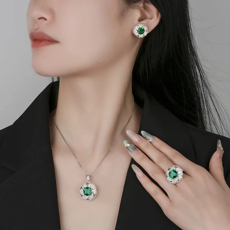 Gemfiori Vintage Fashion Emerald Pendant Earrings Necklace Earrings Ring Set Luxury Women's Ring Crystal Zircon Aesthetic Gift