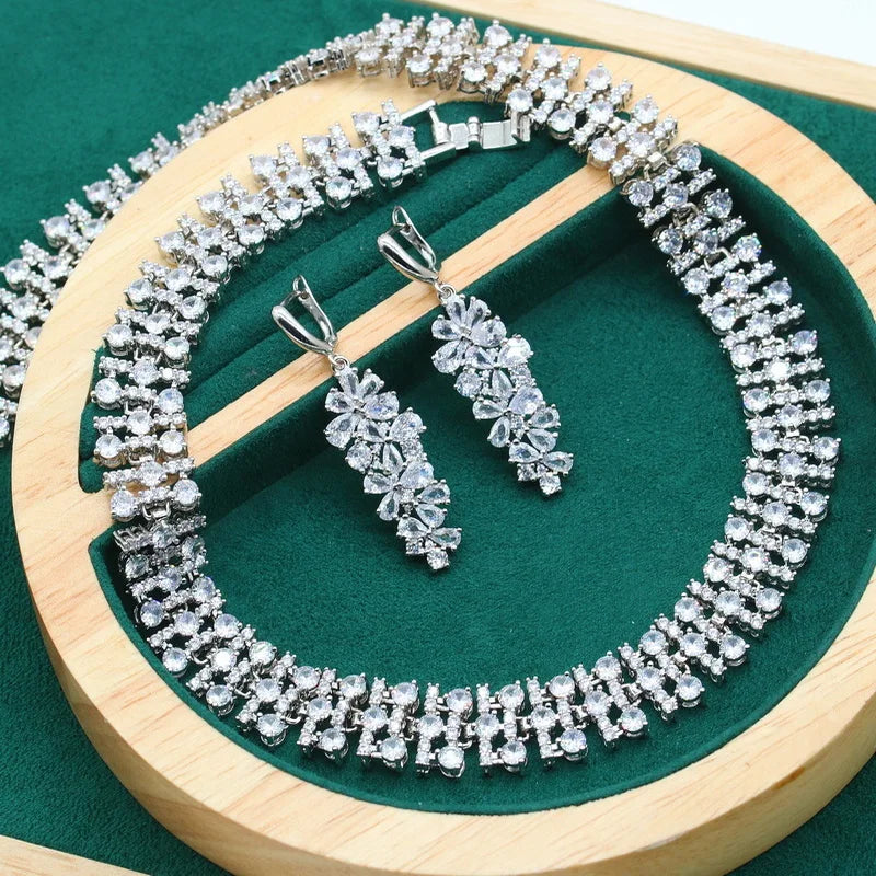 XOTICA 925 Silver Jewelry Set for Women Classic Style Olive Green White Zircon Earrings Necklace Engagement Wedding Christmas Gift