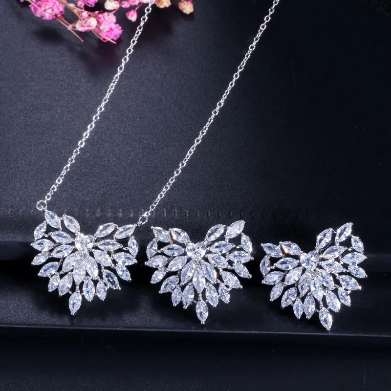 Rhodium Plated CZ Jewelry Set Marquise Leaf Heart Stud Earrings Necklace Earrings Jewelry Set for Women Special Daily Dating