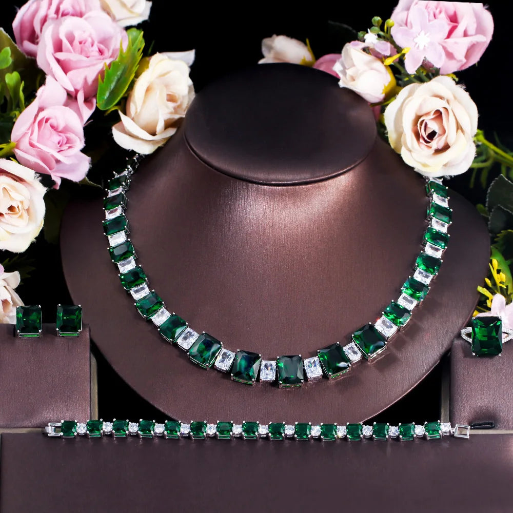 4pcs Square Cubic Zirconia Dark Green African Bride Jewelry Sets Necklace Earrings for Women Luxury Evening Party Costume