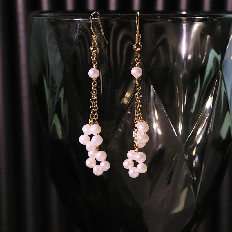 White Natural Pearl Chain Earrings Handmade Design Earrings Gift for Banquet Wedding Women's Jewelry GE1814