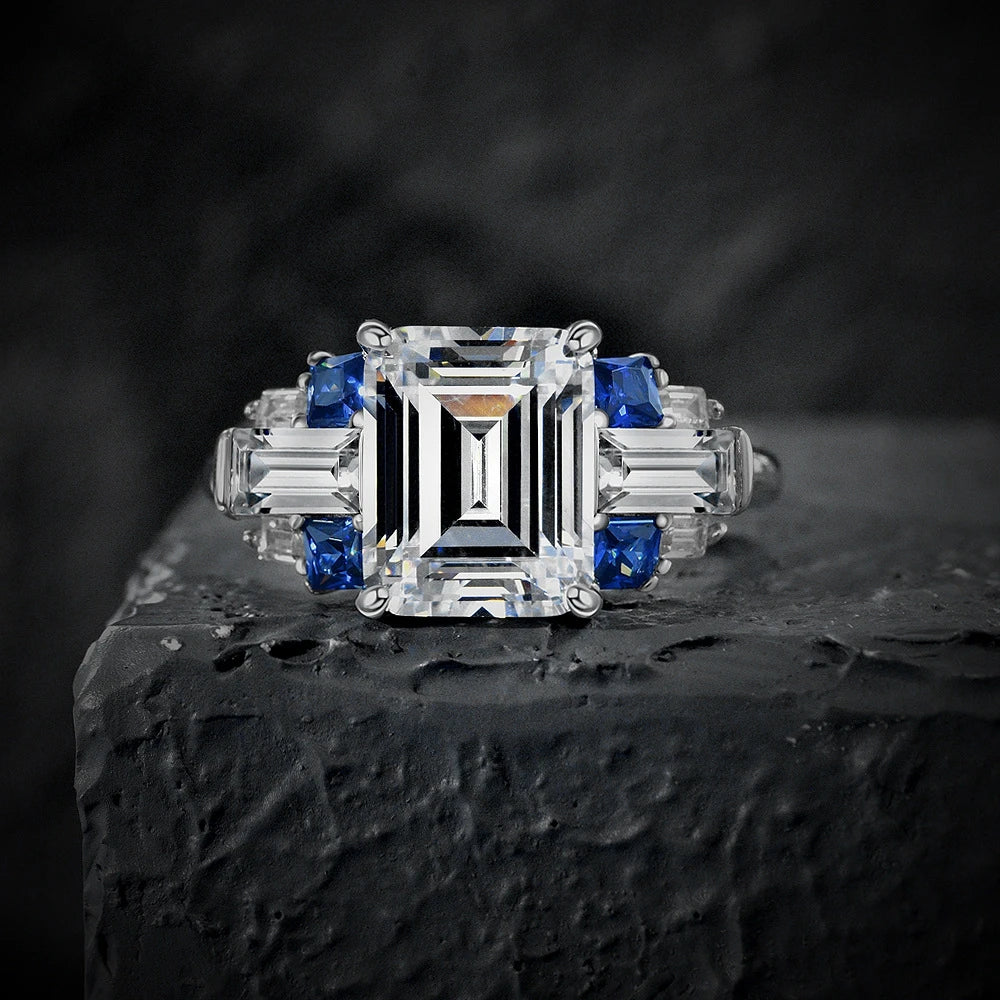 MuShan Jewelry Factory S925 Silver 4 Carat Artificial Gemstone Rectangular 8*10 Ring High Carbon Diamond Light Luxury Ring