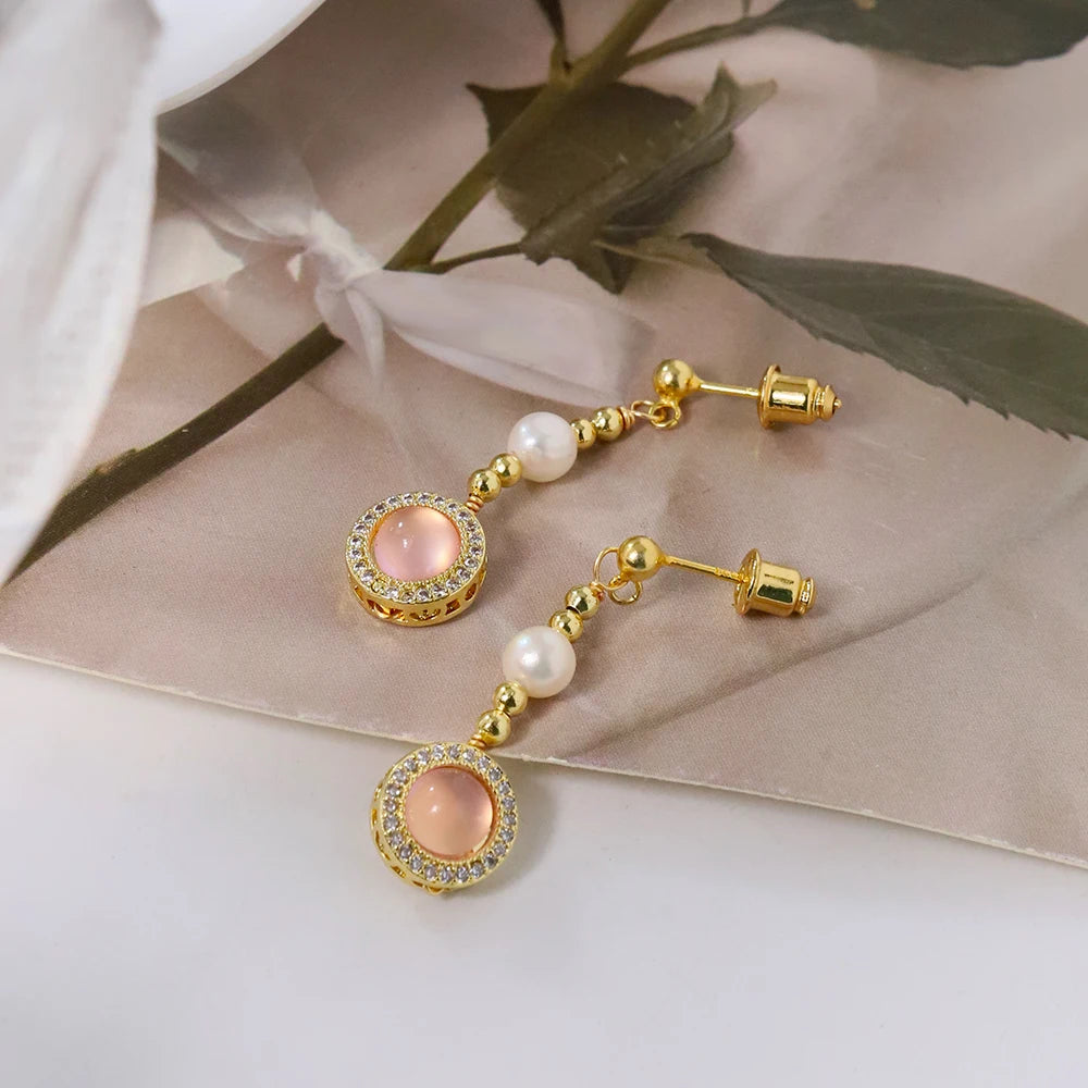 Natural Freshwater Pearl Inlaid Pink Crystal Gold Bead Earrings Korean Style Women Luxury Jewelry Fashion Ladies Gift GE1548