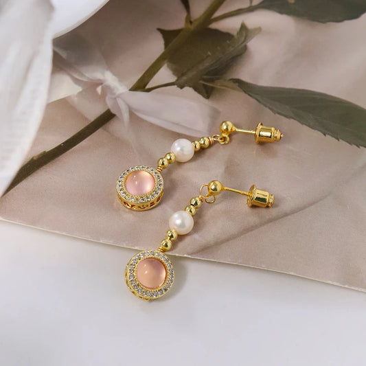 Natural Freshwater Pearl Inlaid Pink Crystal Gold Bead Earrings Korean Style Women Luxury Jewelry Fashion Ladies Gift GE1548