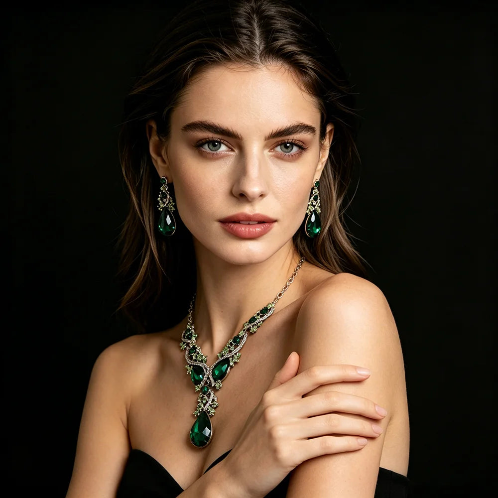 XM S368 Silver Plated Princess Cut Zircon Floral Statement Necklace & Drop Earrings Set