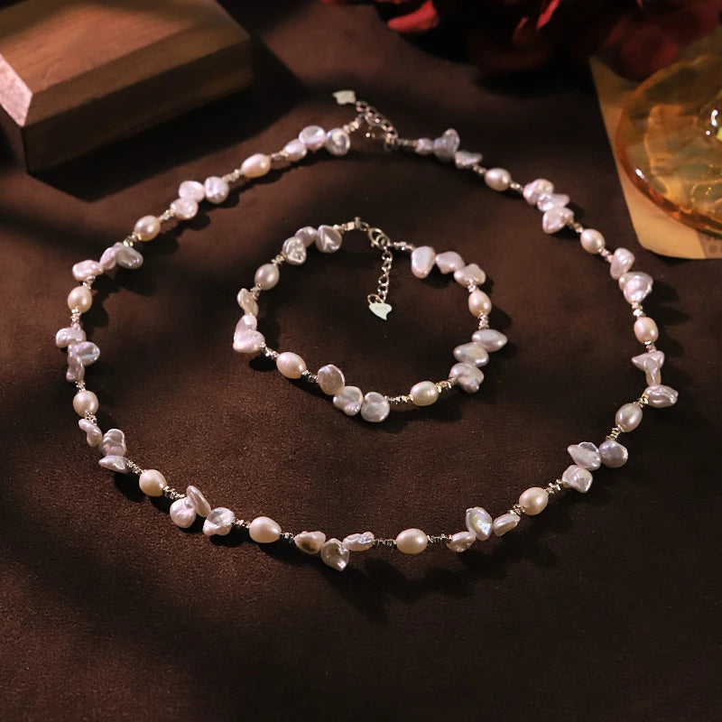 GLSEEVO Natural Freshwater Baroque Pearl Jewelry Set Irregular Pearl Necklace Bracelet  Gift for Date Bridal Fashion Jewelry