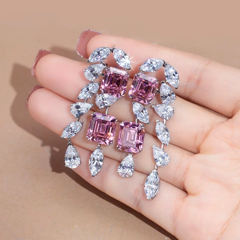 Messi Jewelry MSE-602 Silver Fancy Pink Asscher  Pear  Marquise High Carbon Diamond Cubic Zirconia Fancy Earings