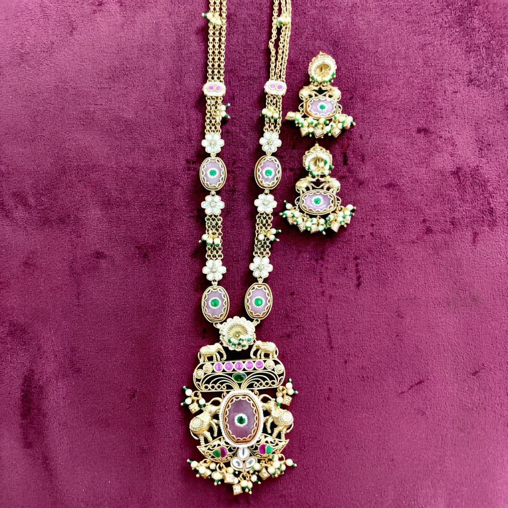 Royal Temple Long Pendant Necklace Set with Matching Earrings Gold Plated Heritage Elephant Bridal Jewelry for Women Set