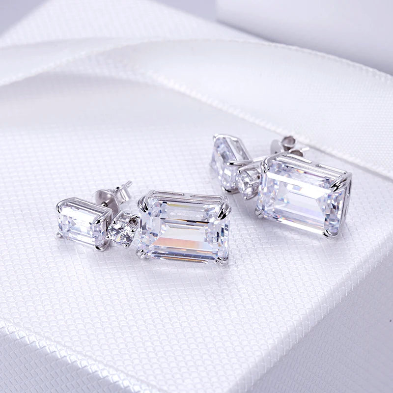 Messi Jewelry MSE-604 925 Silver High Carbon Diamond CZ White Emerald  Cut Earrings Fine Jewelry Earrings for Dating or Wedding