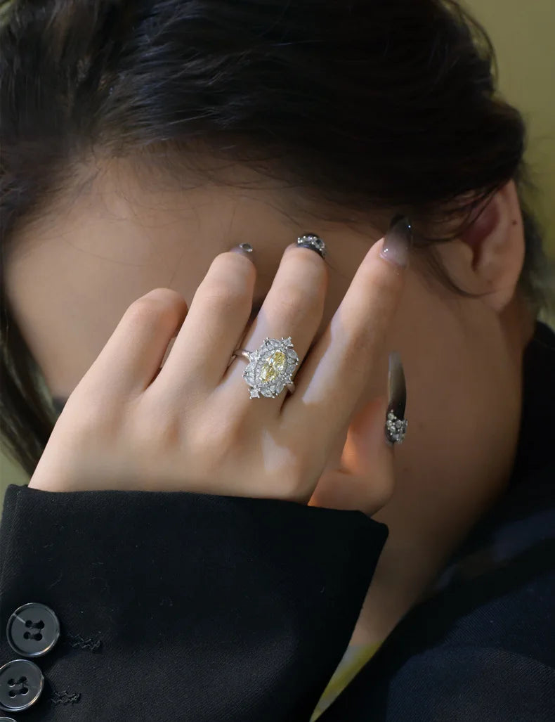 MuShan Jewelry Factory S925 Sterling Silver Ring 5 * 10 Goose Yellow Horse Eye Diamond Ring Women High End Design and Jewelry