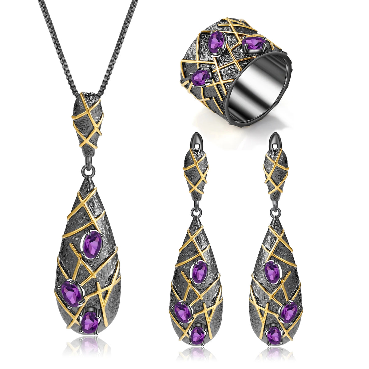 ArtistA C7880 Abiding Vintage-Inspired Gun Black Plated 925 Silver Amethyst Jewelry Set Big Drop Earrings Pendant & Ring