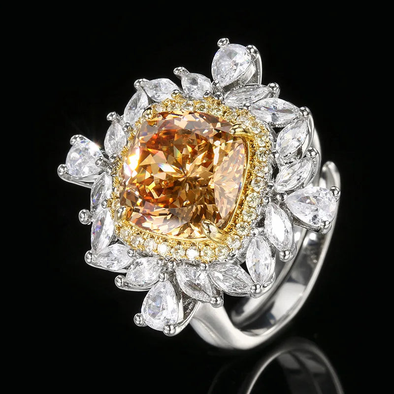 Gemfiori French Square Crystal Zircon Necklace Ring Jewelry Set Banquet Colorful Crystal Necklace Pendant