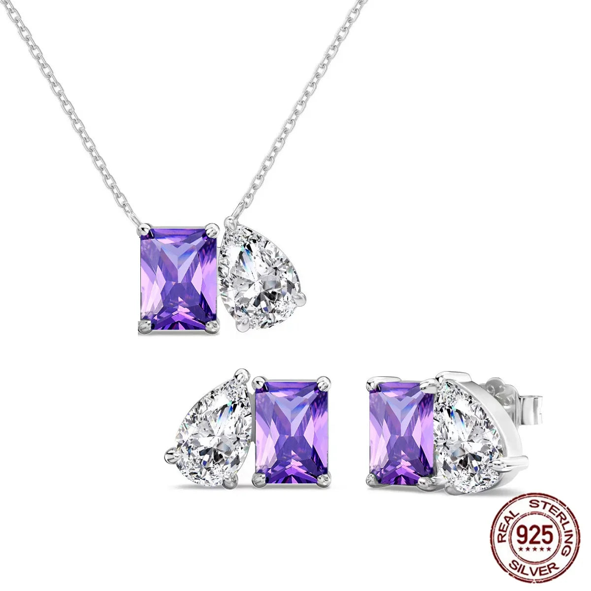 Vivid 925 Sterling Silver Purple Zircon Jewelry Set Baguette Drop Necklace Earrings Rhodium Plated for Women, Formal Event