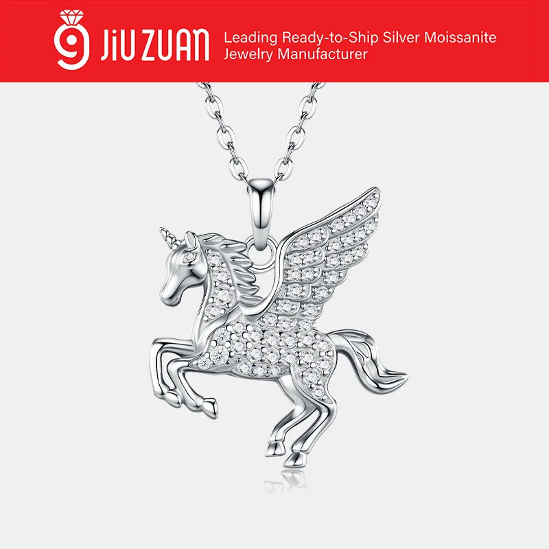 Romantic Full Pave Winged Unicorn S925 Silver VVS Round Brilliant Cut All Encrusted Dainty GRA Certified Moissanite Necklace