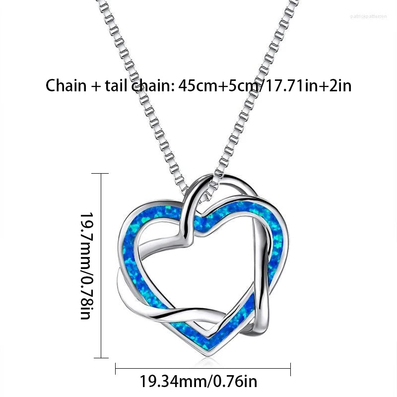 Eternal Intertwined Heart Copper Silver Plated Lariat Opal Pendant-Blue Fire Opal Inlaid Double Heart Design | Romantic Love
