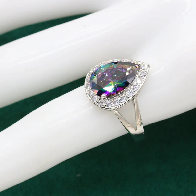 XOTICA Dubai Rainbow Zircon Silver Jewelry Set Ladies Long Earrings Ring Bracelet for Parties Engagements Christmas Gift