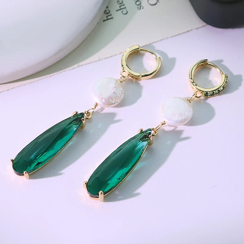 Emerald Green Water Drop Natural Pearl Pendant Earrings Green Zircon Inlaid Earrings Banquet Gift for Women Jewelry GE1193
