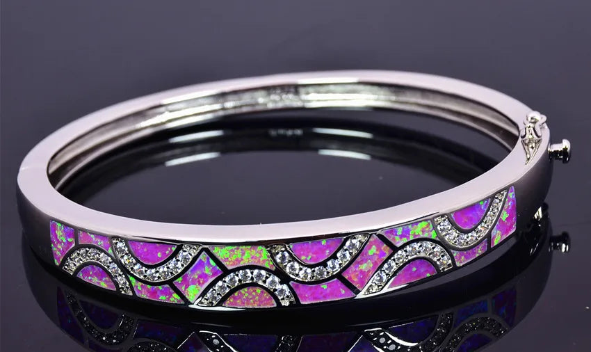 Shimmering Opal Bangle Aobao Greek Key Geometric Design Silver Tone Jewelry