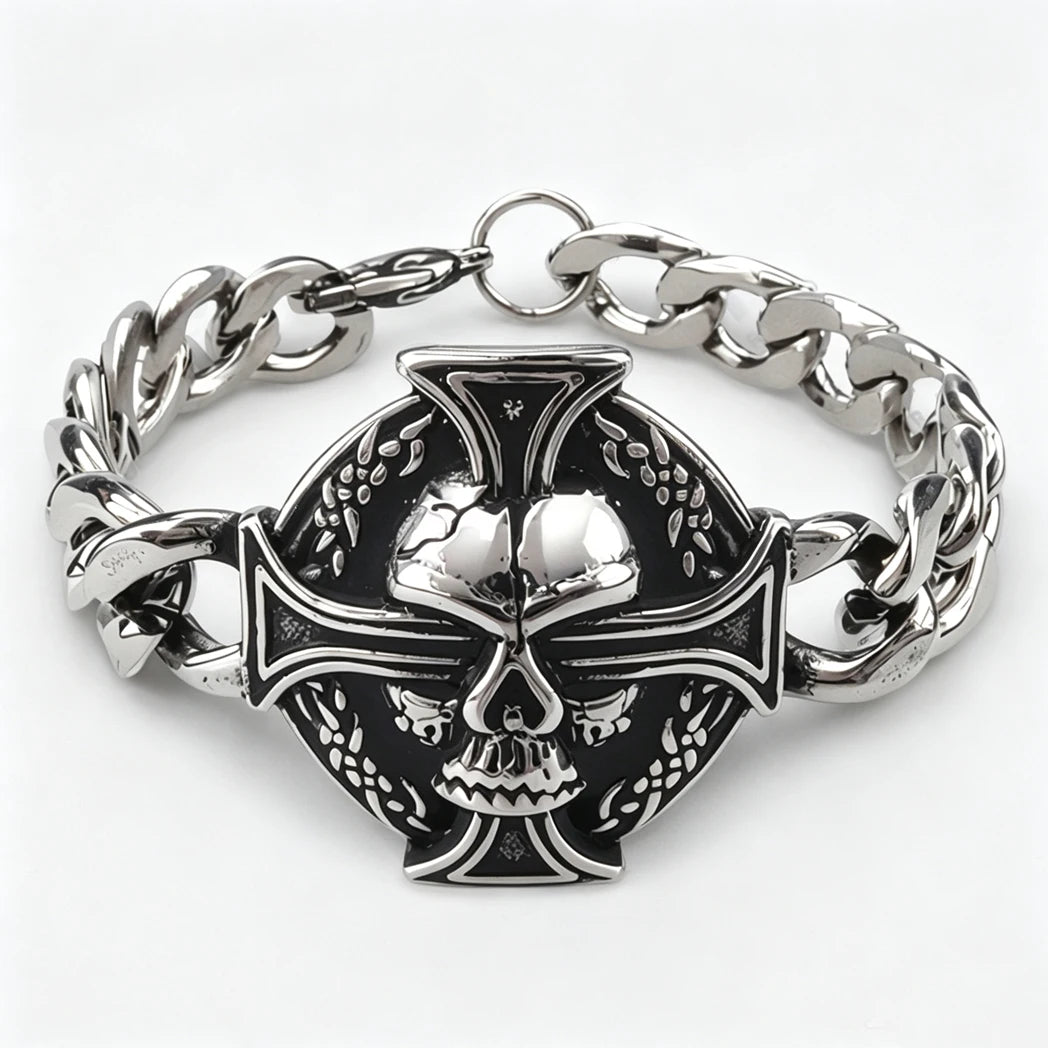 Vintage Men's Stainless Steel Bracelet Gothic Skull Celtic Knot Cross Cuban Chain Woven Braid Street Style Jewelry Gift