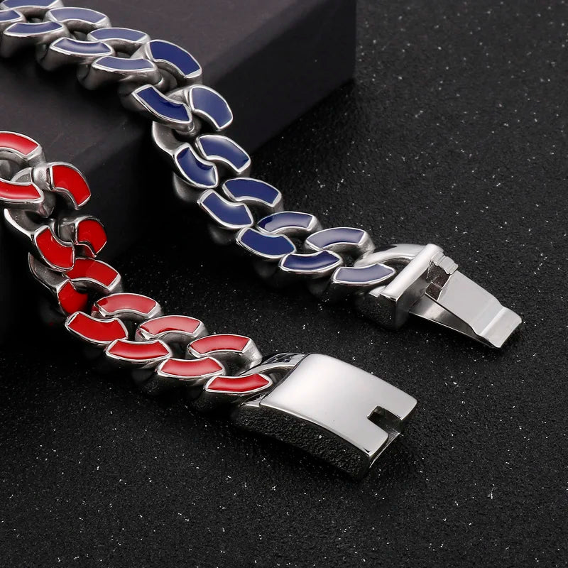 KALEN 220mm Men Stainless Steel&Red/Blue Enamel Cuban Links Chain Bracelet