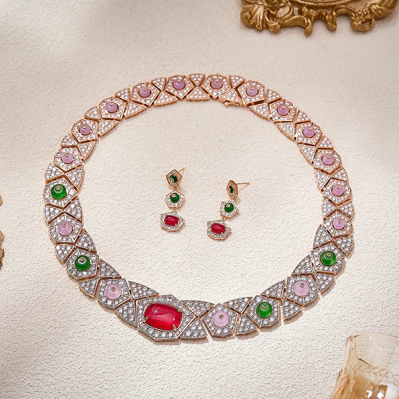 Autumn and Winter Banquet Women's Necklace Earrings Unique Personality Colorful Diamonds and Geometric Shapes Jewelry Set