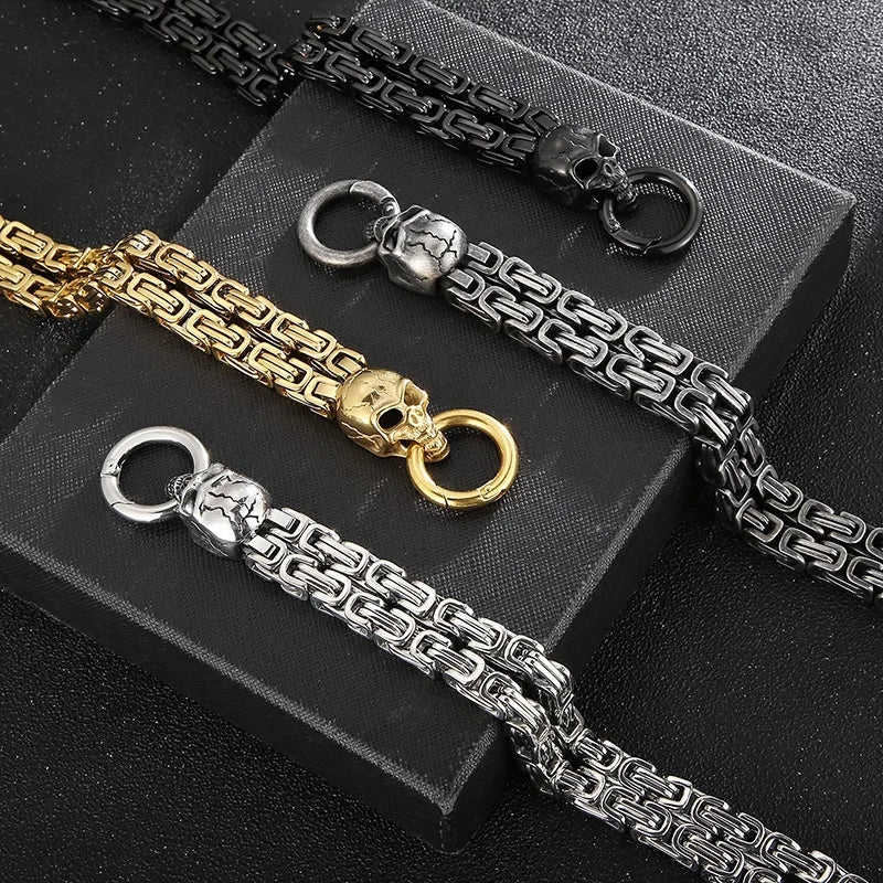 KALEN Mens 230mm Punk Stainless Steel Skull Charm Byzantine Link Bracelet