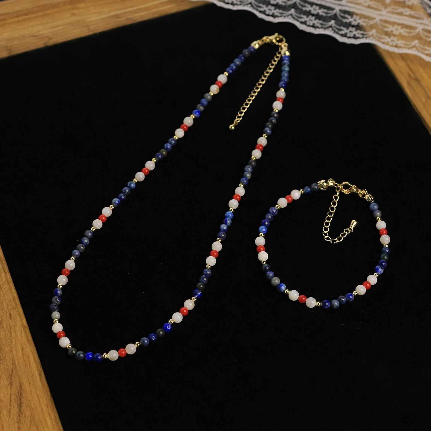 GLSEEVO Natural Freshwater Pearl, Red Coral & Lapis Lazuli Beaded Necklace & Bracelet Set — Nautical Bohemian Jewellery