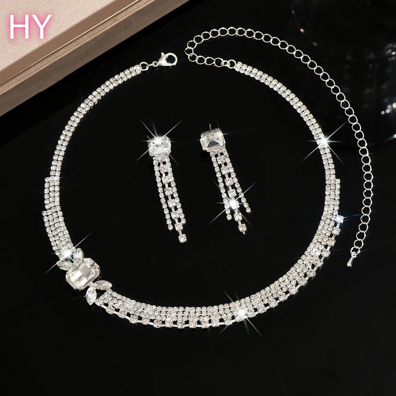 HY  Crystal Bridal Wedding Jewelry Gold Pleated Rhinestone Necklace Earrings Bracelet Ring Sets Formal Costume