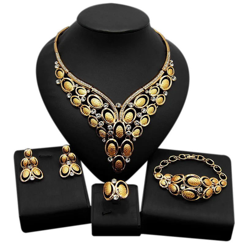 Zhuerrui New Romantic Bridal Jewelry Set Luxurious Exquisite 24K Gold Plated African Noble Wedding Necklace Ring Set of Four