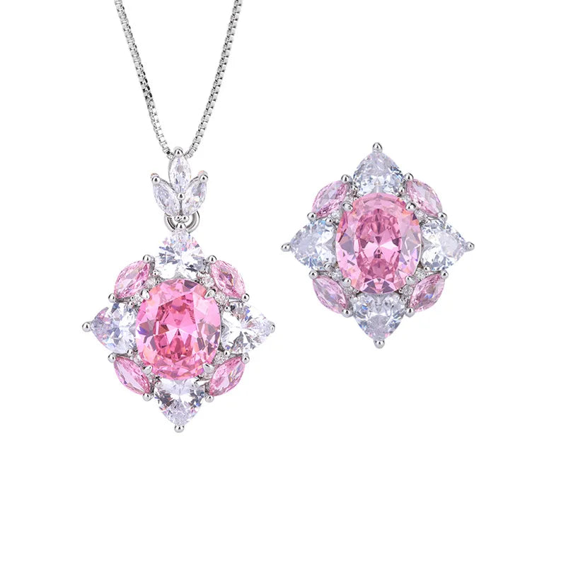 Gemfiori Sweetheart Peach Pink Zircon Necklace Petal Zircon Ring Fashion Light Luxury Set