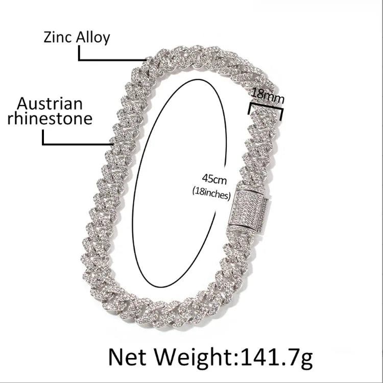 BiG-BOSS Austrian Rhinestone Quality Fashion Moon Iced Out 18mm Hip Hop Link Necklace Prong Cuban Link Chain Jewelry for Men with Clasp