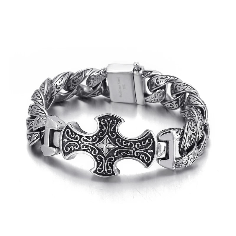 VIKING Mens Neo-Gothic Cross Charm Bracelet – Silver & Ancient Silver