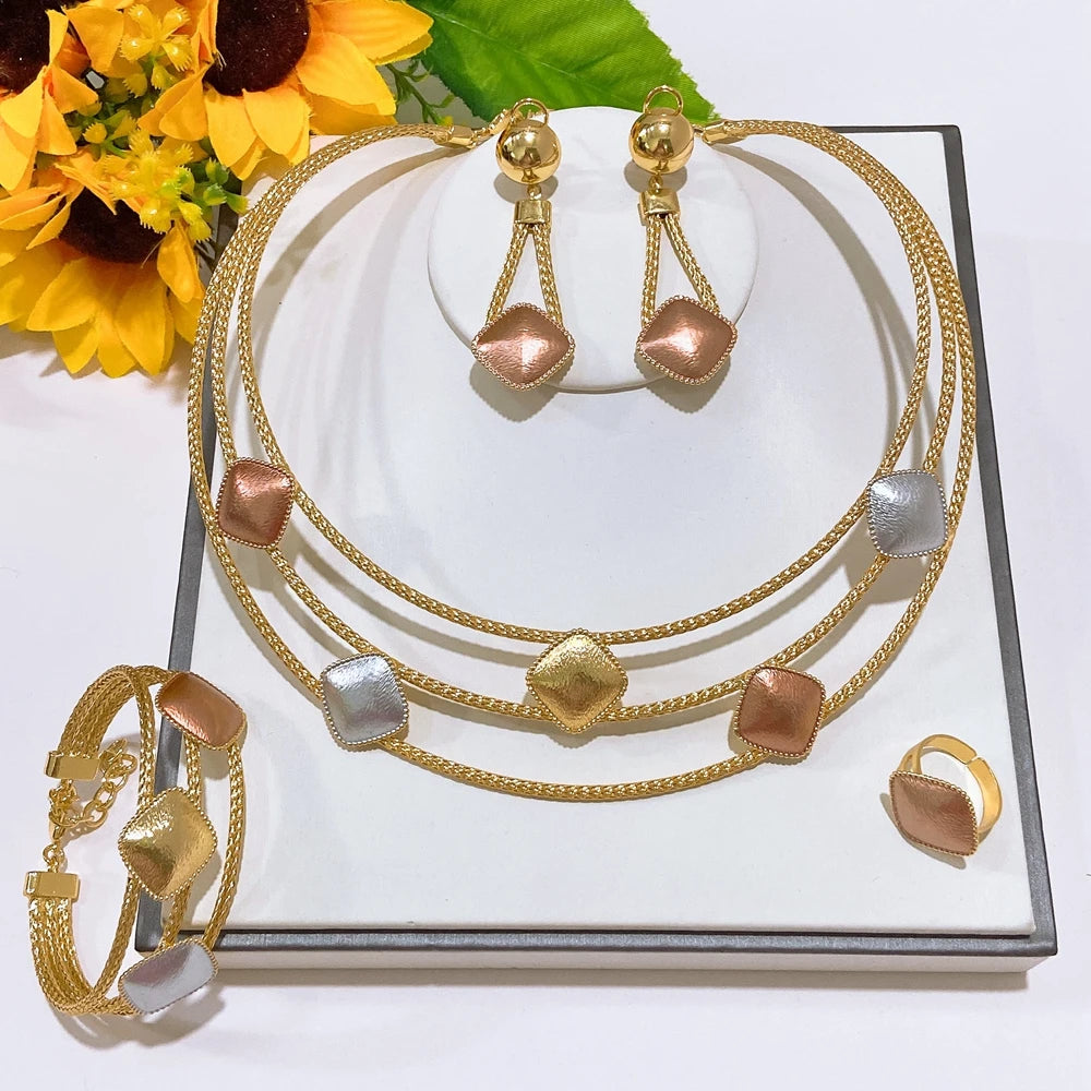 Zhuerrui Three Tone Layered Gold Plated 4Pcs Jewelry Set Necklace Bangle Earrings Ring for Wedding Daily Wear HS26009