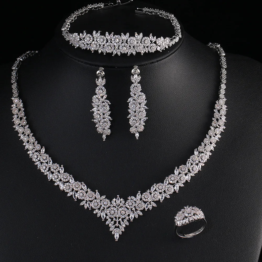 Luxury Round Brilliant Zirconia Exquisite 4-Piece Geometric Romantic Bridal Set — Rhodium Plated