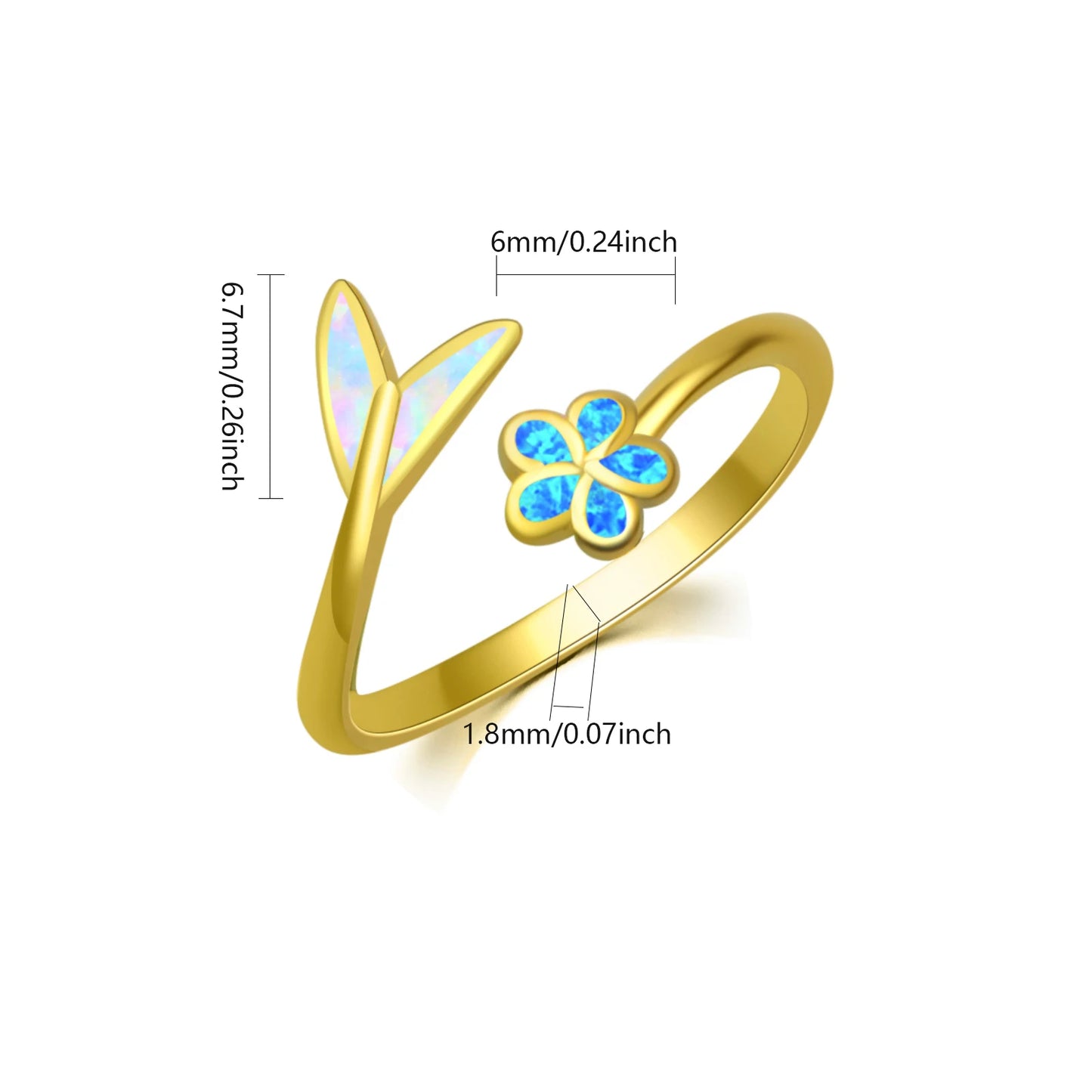 Floral & Leaf Open Ring | Blue/Iridescent Opal Inlay Gold-Plated Band | Dainty Nature-Inspired Fashion Jewelry for Women