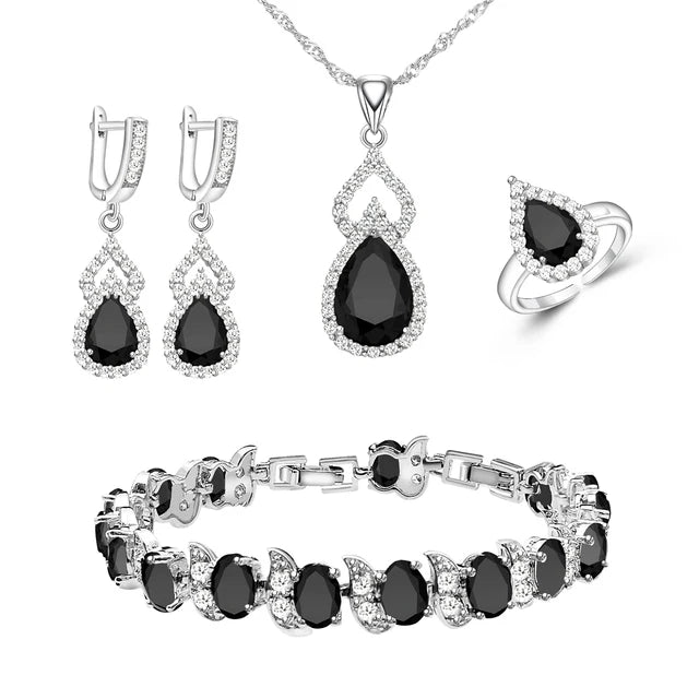 XOTICA Women's Classic Platinum Plated Silver 925 Custom Jewelry Sets Red Zircon Earrings Necklace Ring Bracelets for Engagement