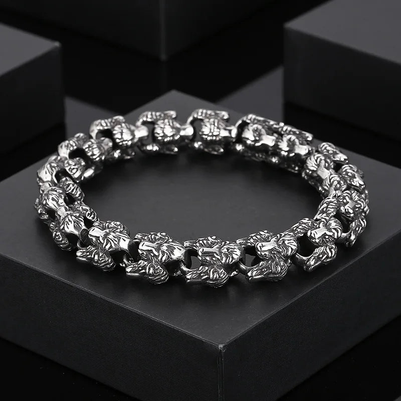 VIKING Mens Punk Lion Head Stainless Steel Link Bracelet – Silver