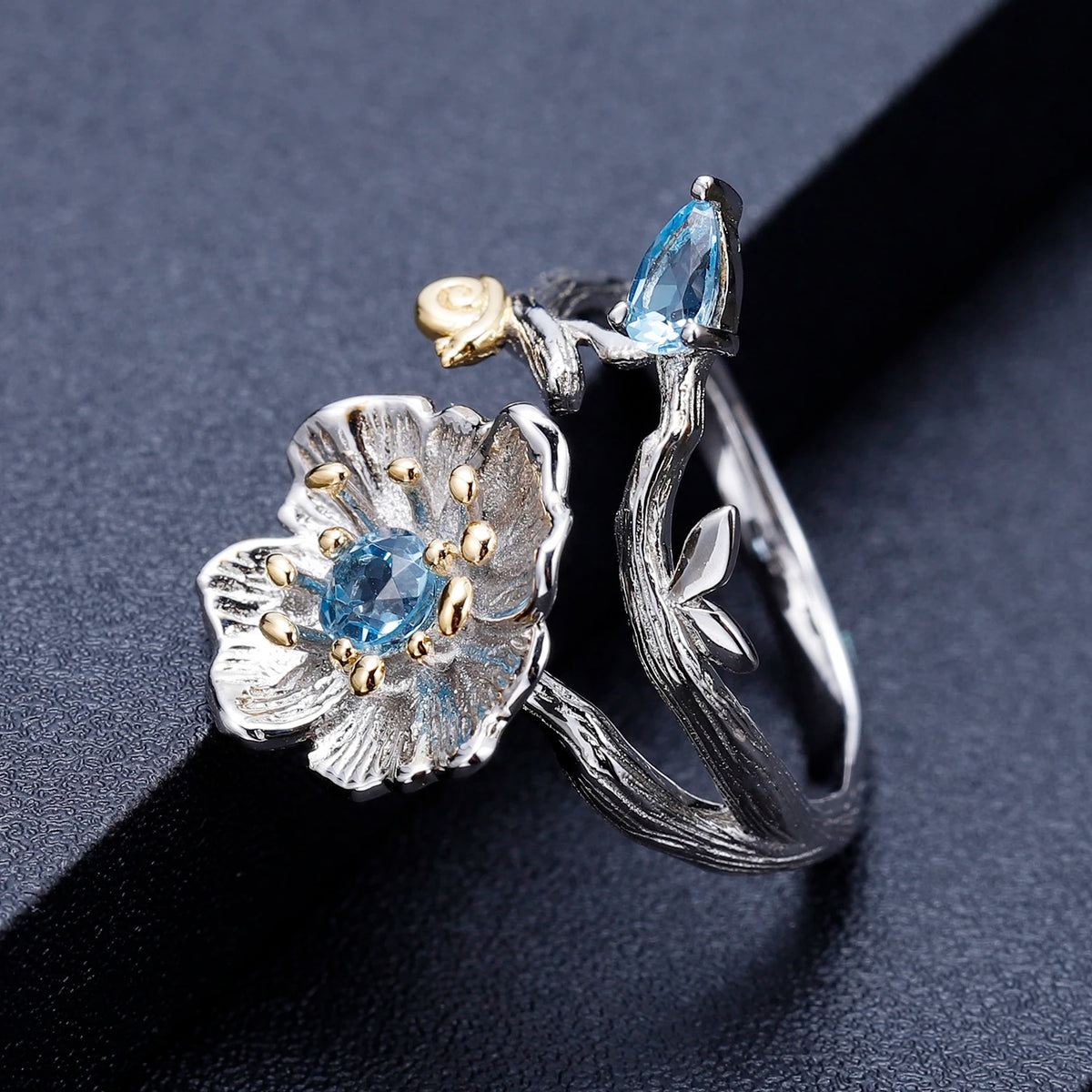 ArtistA C7772 Abiding Dainty Swiss Blue Topaz 925 Sterling Silver Flower Jewelry Set Adjustable Ring Fish Hook Earrings