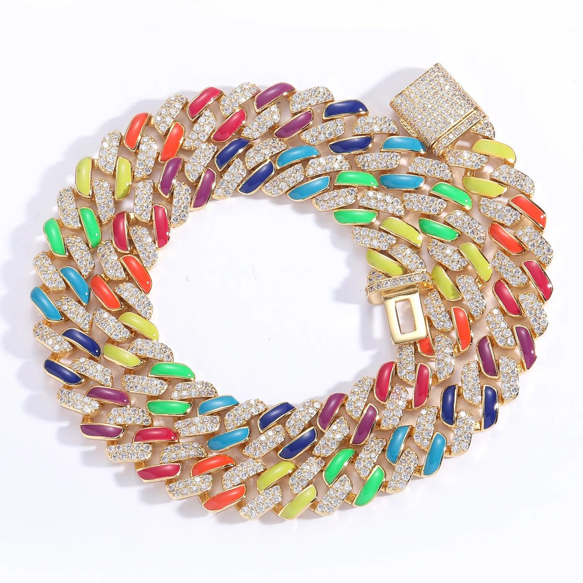 New Bracelets Colorful Rainbow Jewelry Stacked 12mm 5a Cubic Zirconia Cuban Link Chain Cz 5mm 20 Inch Necklace with Zircon