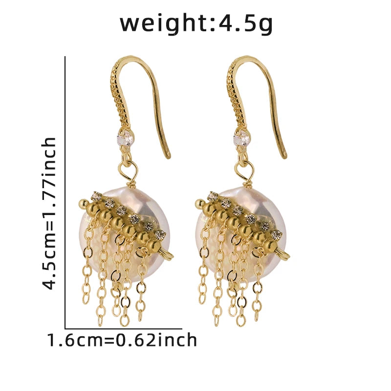 Baroque Flat Bead Natural Freshwater Pearl Tassel Earrings 18k Gold Plated Design Ear Hooks Women's Jewelry GE0869