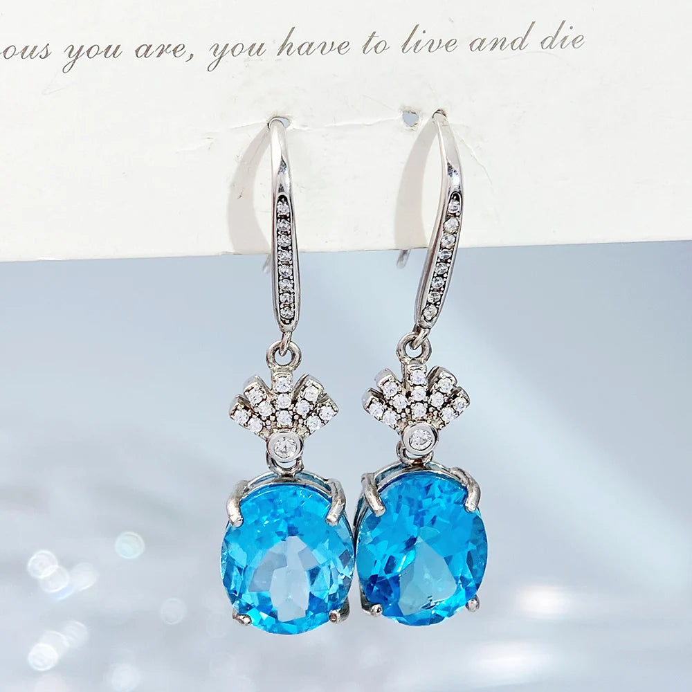 Gioiellieri S925 Sterling Silver Natural Blue Topaz Drop Earrings with Genuine Gemstone for Women Fine Jewelry Birthday Gift for Girls