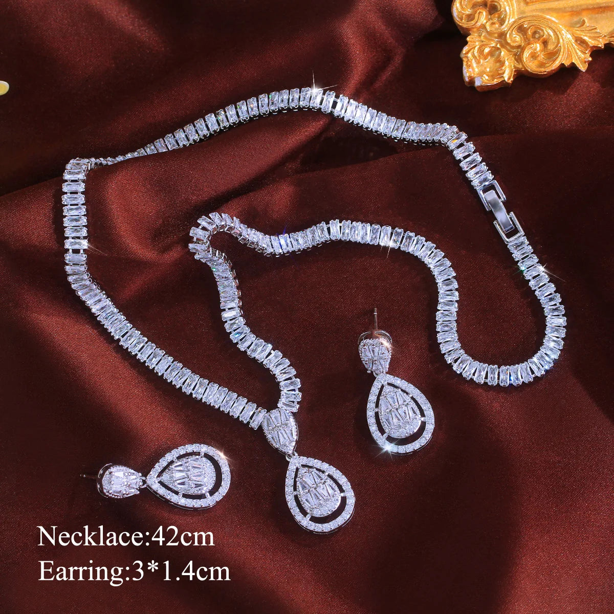 Rhodium Plated Baguette Tennis CZ Jewelry Set Cubic Zircon Drop Dangle Necklace Earrings Jewelry Set for Fiancee Engagement