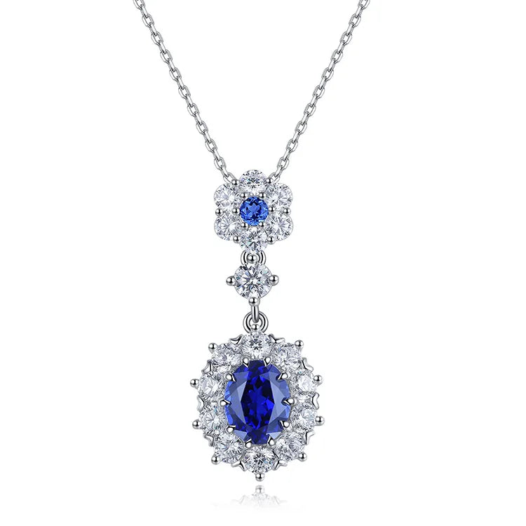 Gemfiori Statement Pendant Customized Jewelry Lab Grown Sapphire Rhodium Plated Chains Sterling Silver 925 Vintage Diamond for Her Gift